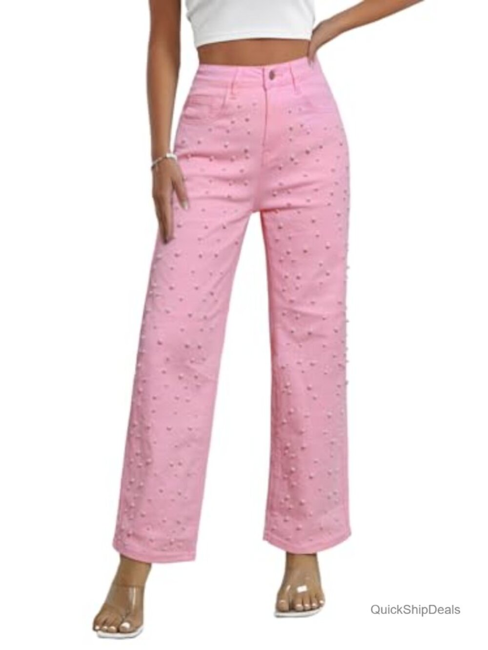 Women's High Waisted Boyfriend Jeans Wide Straight Leg Pearl Beaded Denim